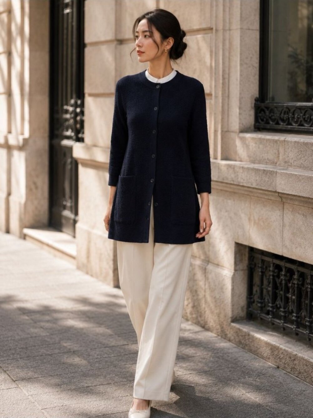 COS Textured Navy Swing Pocket Tunic Top XS Minimalist Quiet Luxury Chic